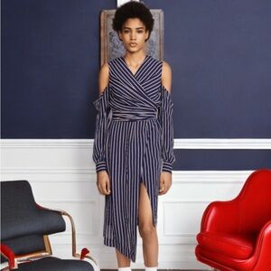 NICHOLAS Navy and White Striped Wrap Dress